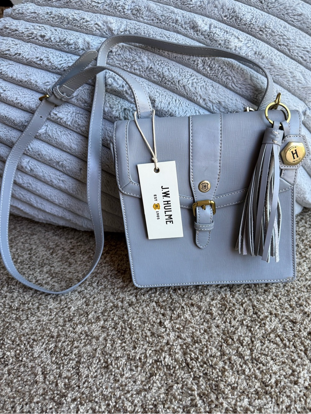 J.W. Hulme Light Gray Leather Crossbody Bag with Buckle Detail